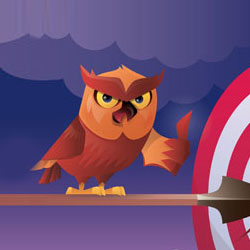 An owl is standing on a ledge with its beak open.