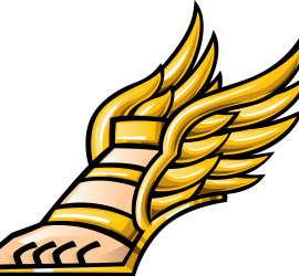 A gold winged foot with the feet of an athlete.
