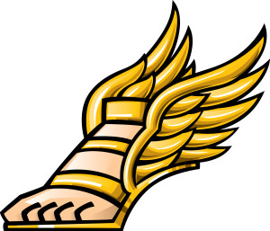 A gold winged foot with the feet of an athlete.