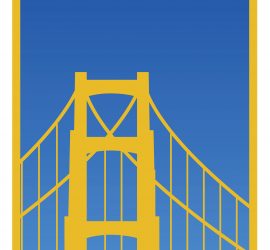 A yellow bridge with blue sky in the background.