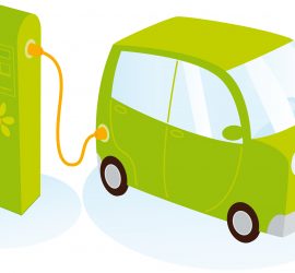 A green car is plugged into an electric charger.