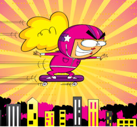 A cartoon of a person on a skateboard.