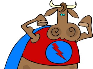 A cow is wearing a cape and standing up.