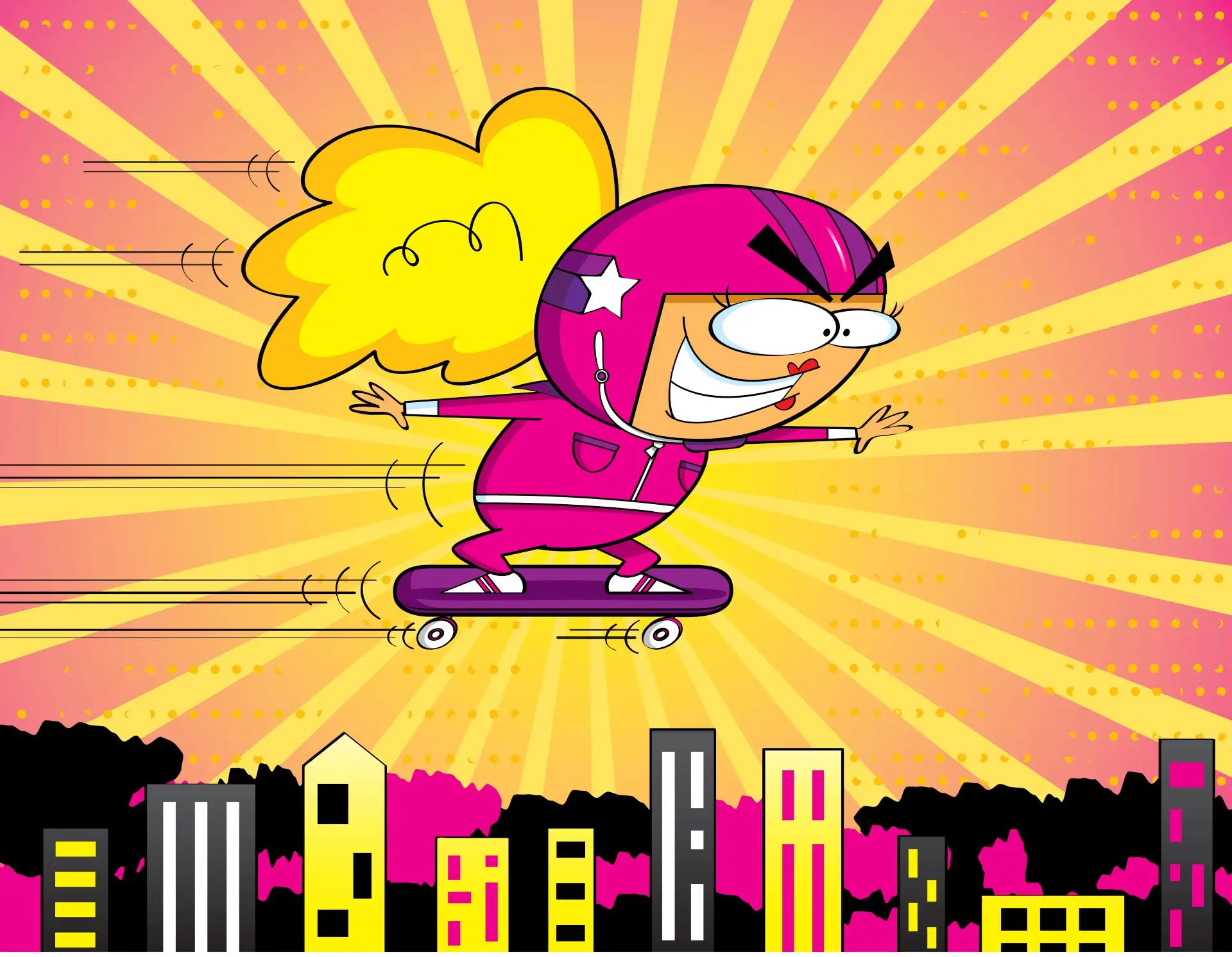 A cartoon of a person on a skateboard.