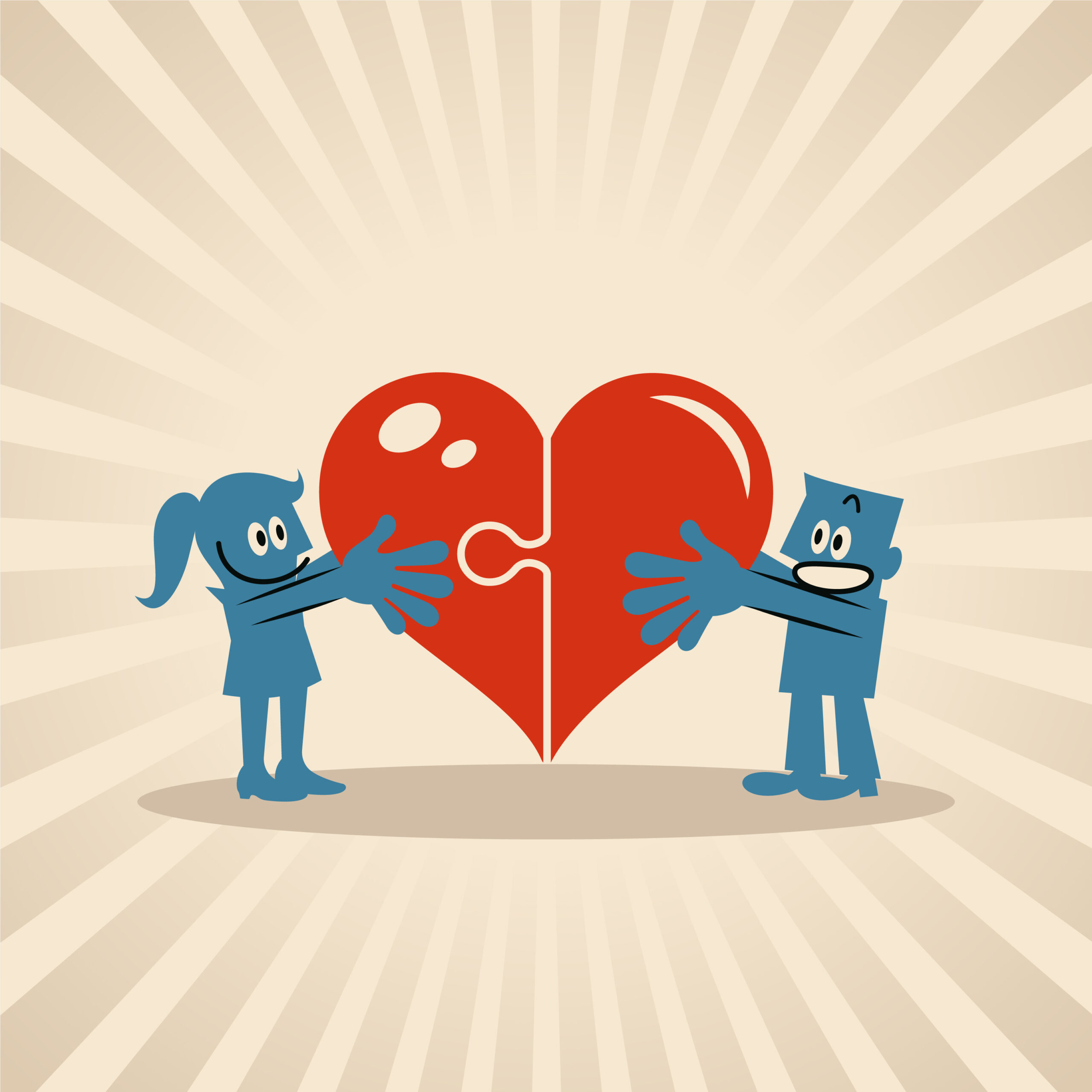 a female and male are connecting two halves of a heart.